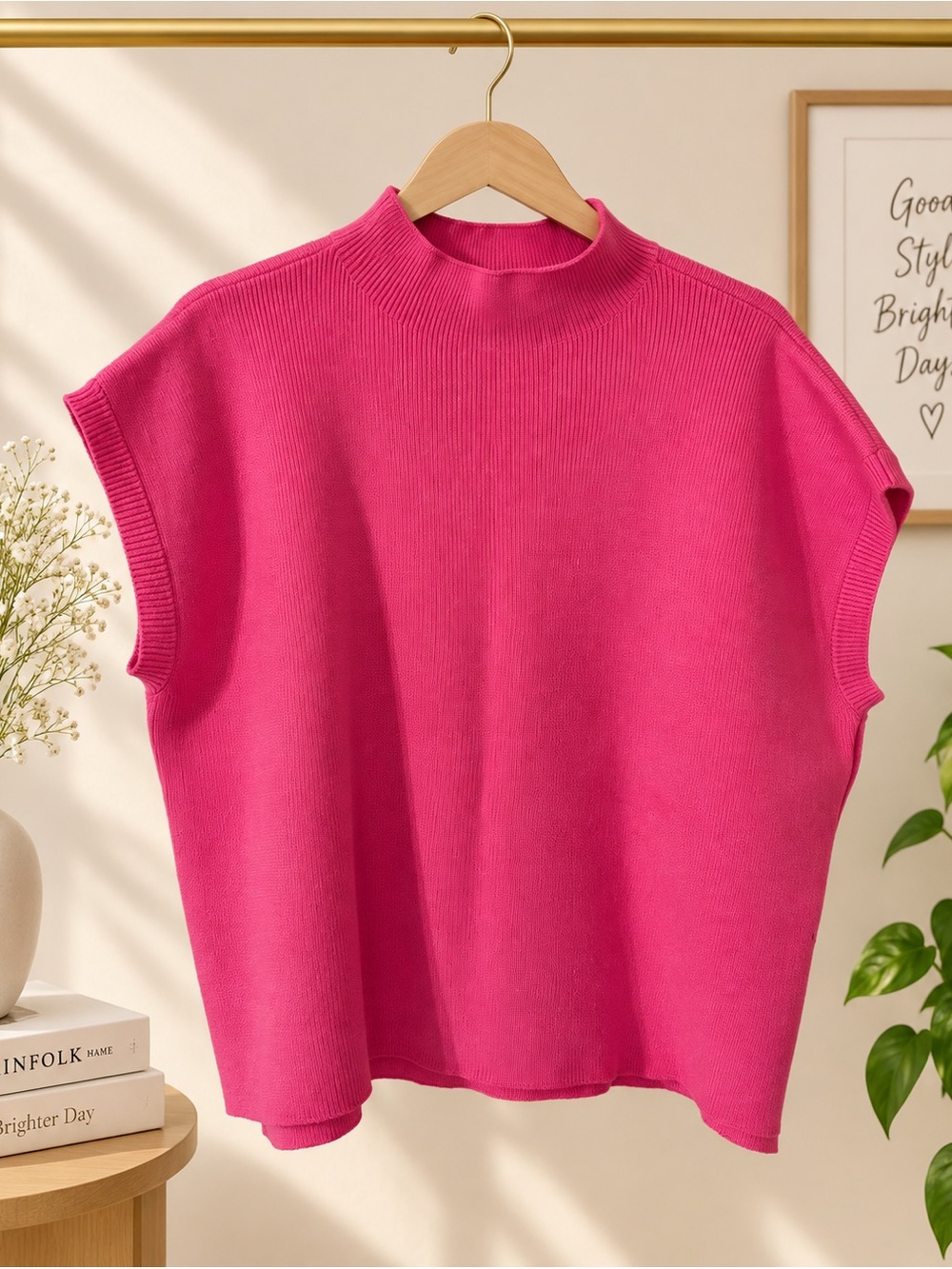 JODIFL Sleeveless Oversized Mock Neck Sweater- Hot Pink
